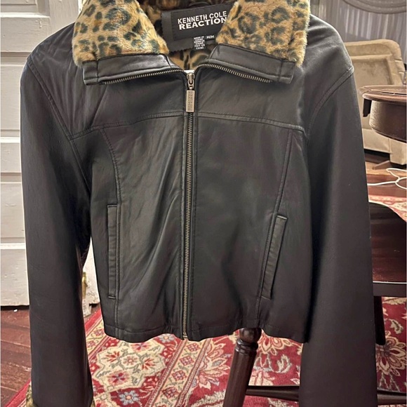 Kenneth Cole Reaction Dark Leather Jacket with Animal Print Collar - Picture 1 of 8
